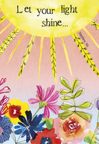 Religious birthday greeting card for Parents featuring a watercolor sun, vibrant flowers, and the inspirational quote 'Let your light shine... Matthew 5:16' on the cover.
