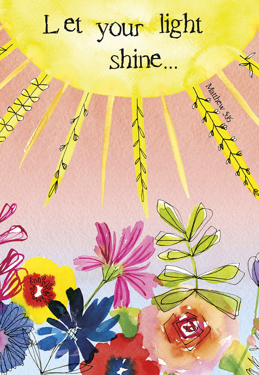 Religious birthday greeting card for Parents featuring a watercolor sun, vibrant flowers, and the inspirational quote 'Let your light shine... Matthew 5:16' on the cover.