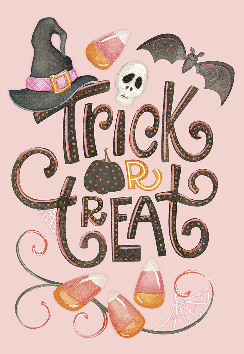 Cute Halloween greeting card front with 'Trick or Treat' in decorative text, featuring a witch hat, flying bat, skull, pumpkin, candy corn, and spiderwebs on a soft pink background, perfect for kids.