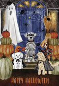 Front of a cute holiday card featuring a Dalmatian dressed as a bandit, a golden retriever as a witch, and other dogs in spooky costumes, surrounded by pumpkins, spiders, and a friendly ghost on a porch with a blue door. Perfect for fall celebrations.
