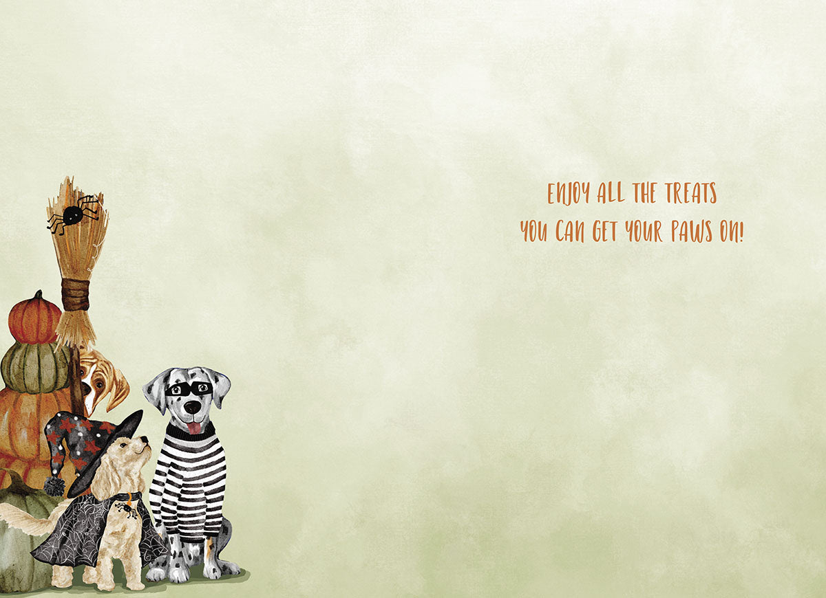 Inside of a playful greeting card with a Dalmatian bandit dog, witch dog, and pumpkins, featuring the festive message 'ENJOY ALL THE TREATS YOU CAN GET YOUR PAWS ON!' on a light green background.