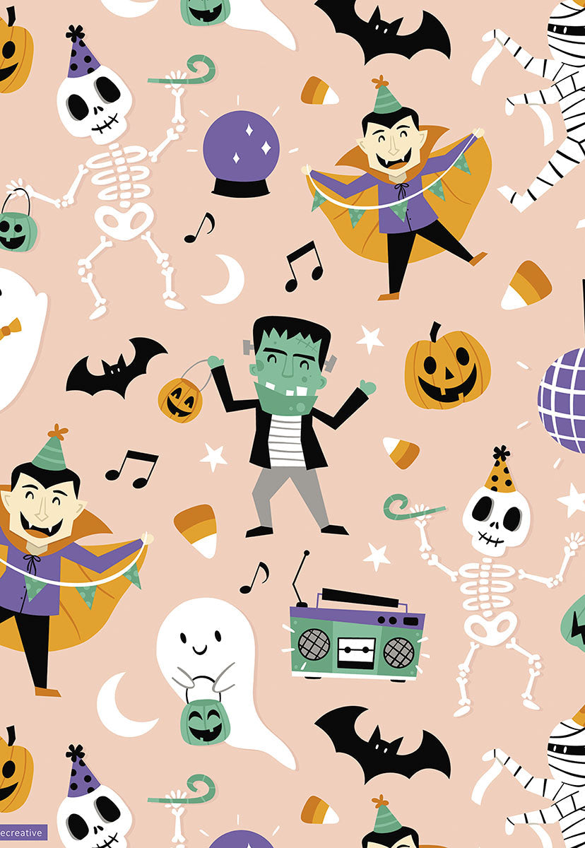Whimsical Halloween pattern featuring dancing cartoon monsters like Frankenstein, Dracula, skeletons, and ghosts, alongside pumpkins, bats, candy corn, and a boombox, all on a pale pink background.