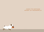 Interior of a charming greeting card featuring a small dachshund in a ghost costume with a pumpkin bucket at the bottom, against a light beige background with text 'HOPE IT'S NOTHING SHORT OF WONDERFUL!'. Spooky cute message.