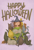 Front of a cute Halloween greeting card featuring a smiling, red-haired witch child with a black hat, surrounded by many friendly, colorful cats of various breeds on a light purple background with 'HAPPY HALLOWEEN' in green and gold lettering. Ideal for kids.