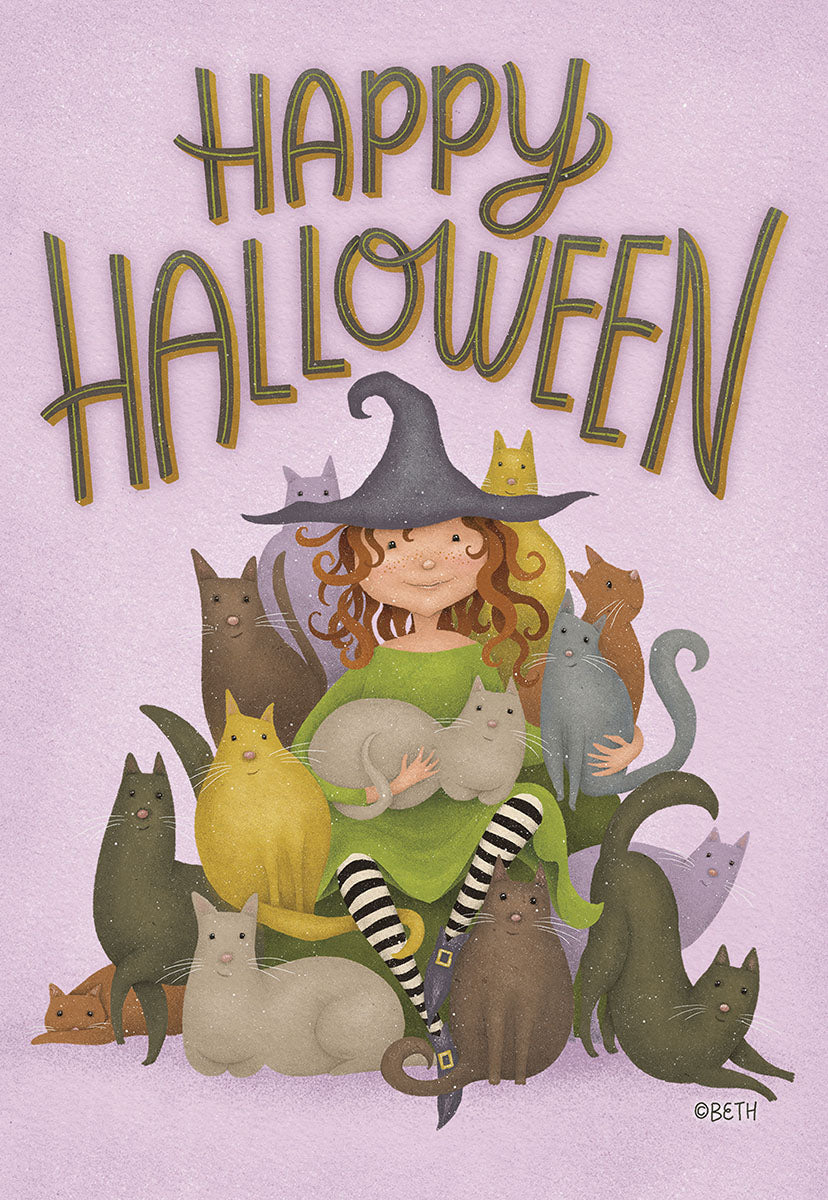 Front of a cute Halloween greeting card featuring a smiling, red-haired witch child with a black hat, surrounded by many friendly, colorful cats of various breeds on a light purple background with 'HAPPY HALLOWEEN' in green and gold lettering. Ideal for kids.
