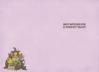 Inside of a cute Halloween greeting card showing a small illustration of a friendly witch with cats in the bottom left corner, on a light purple background. Message reads 'BEST WITCHES FOR A PURRFECT NIGHT!' in the center right.