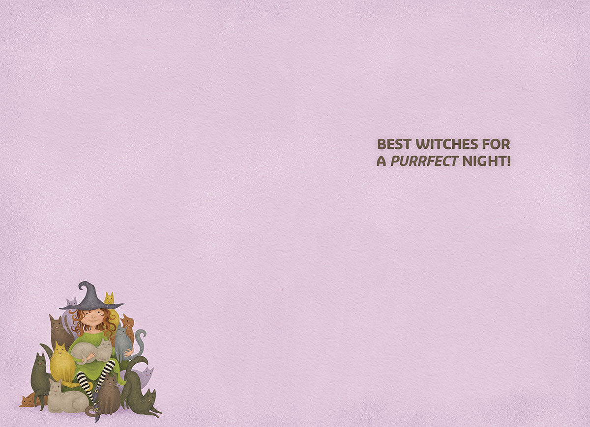 Inside of a cute Halloween greeting card showing a small illustration of a friendly witch with cats in the bottom left corner, on a light purple background. Message reads 'BEST WITCHES FOR A PURRFECT NIGHT!' in the center right.