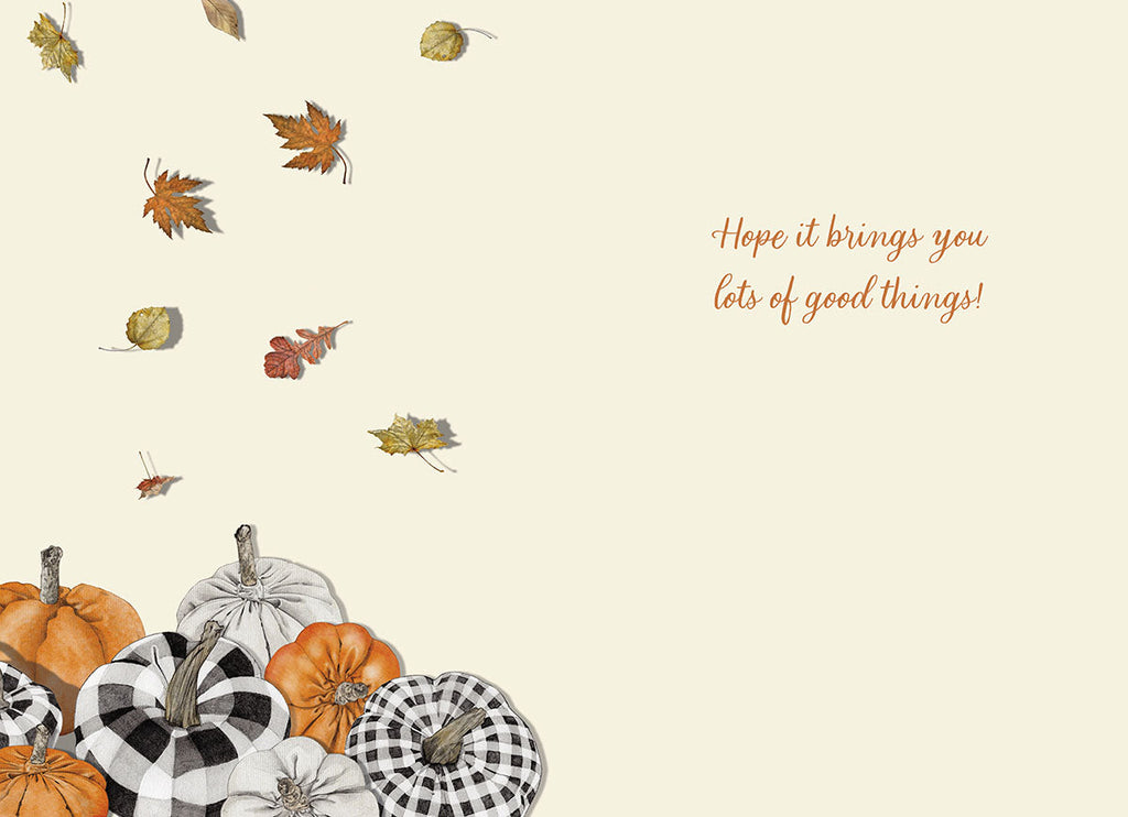 Inside of a cute fall greeting card with an off-white background adorned with scattered autumn leaves and a decorative cluster of orange, white, and black buffalo plaid pumpkins in the lower left corner. Text on the right reads 'Hope it brings you lots of good things!'.