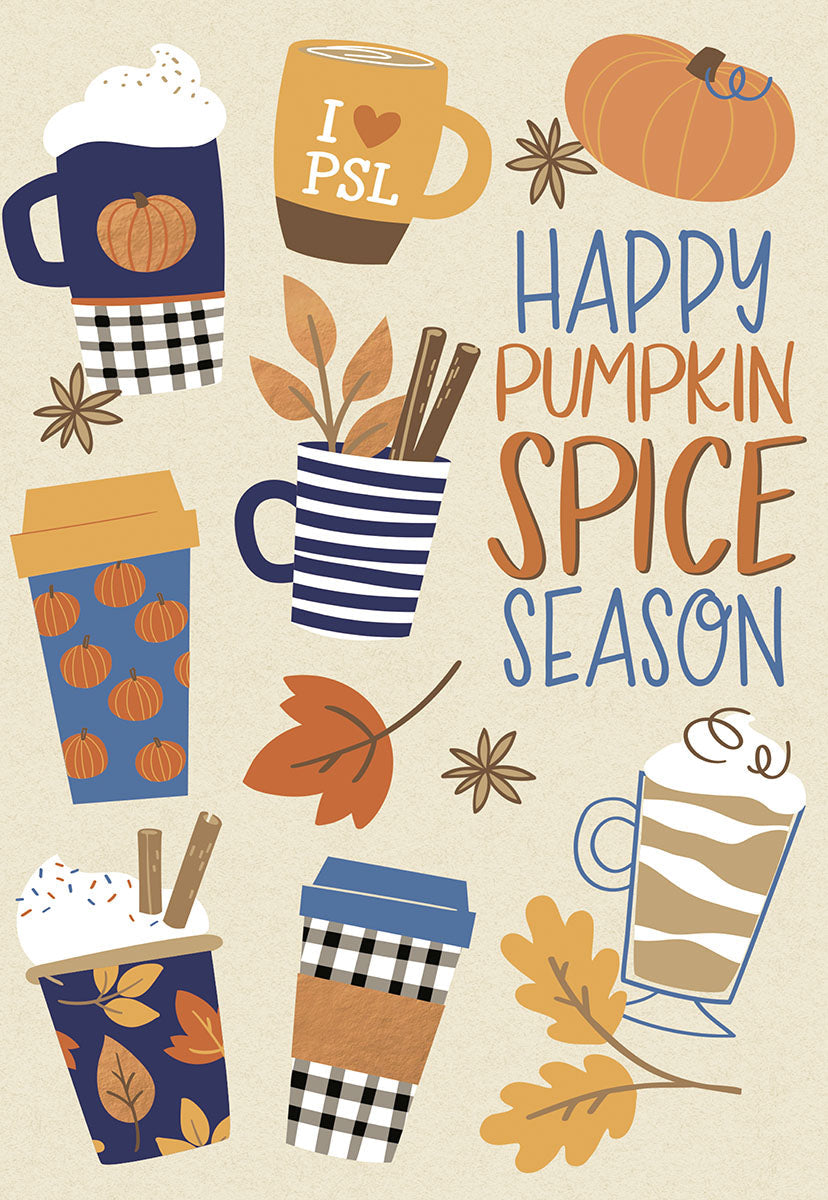 Cozy fall greeting card featuring illustrations of various pumpkin spice lattes, coffee mugs, pumpkins, autumn leaves, and star anise with the text 'Happy Pumpkin Spice Season'.