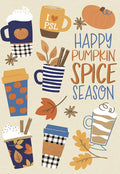 Cozy fall greeting card featuring illustrations of various pumpkin spice lattes, coffee mugs, pumpkins, autumn leaves, and star anise with the text 'Happy Pumpkin Spice Season'.