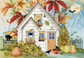 Charming watercolor illustration of a festive autumn cottage adorned with vibrant fall leaves, carved pumpkins, a friendly black cat, and a whimsical bat under a full moon, perfect for an October greeting.