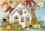 Charming watercolor illustration of a festive autumn cottage adorned with vibrant fall leaves, carved pumpkins, a friendly black cat, and a whimsical bat under a full moon, perfect for an October greeting.