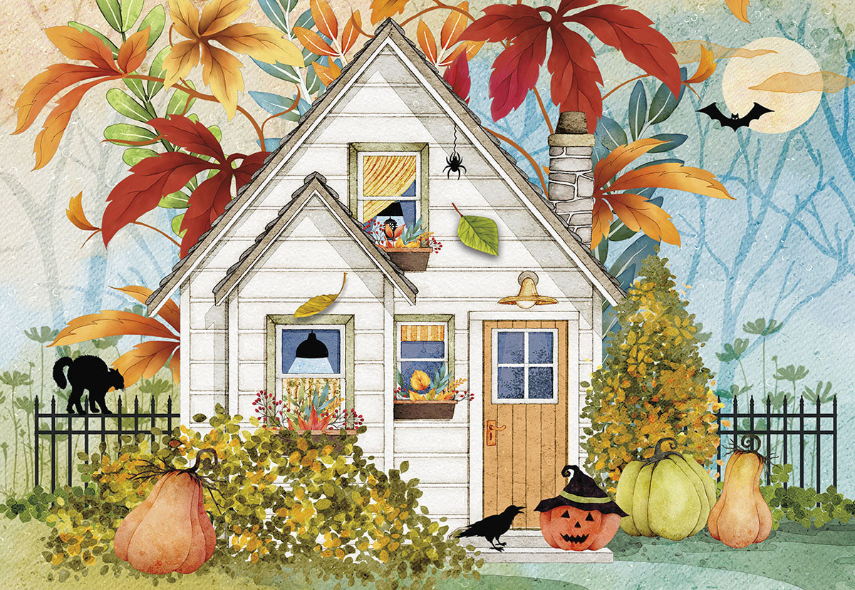 Charming watercolor illustration of a festive autumn cottage adorned with vibrant fall leaves, carved pumpkins, a friendly black cat, and a whimsical bat under a full moon, perfect for an October greeting.