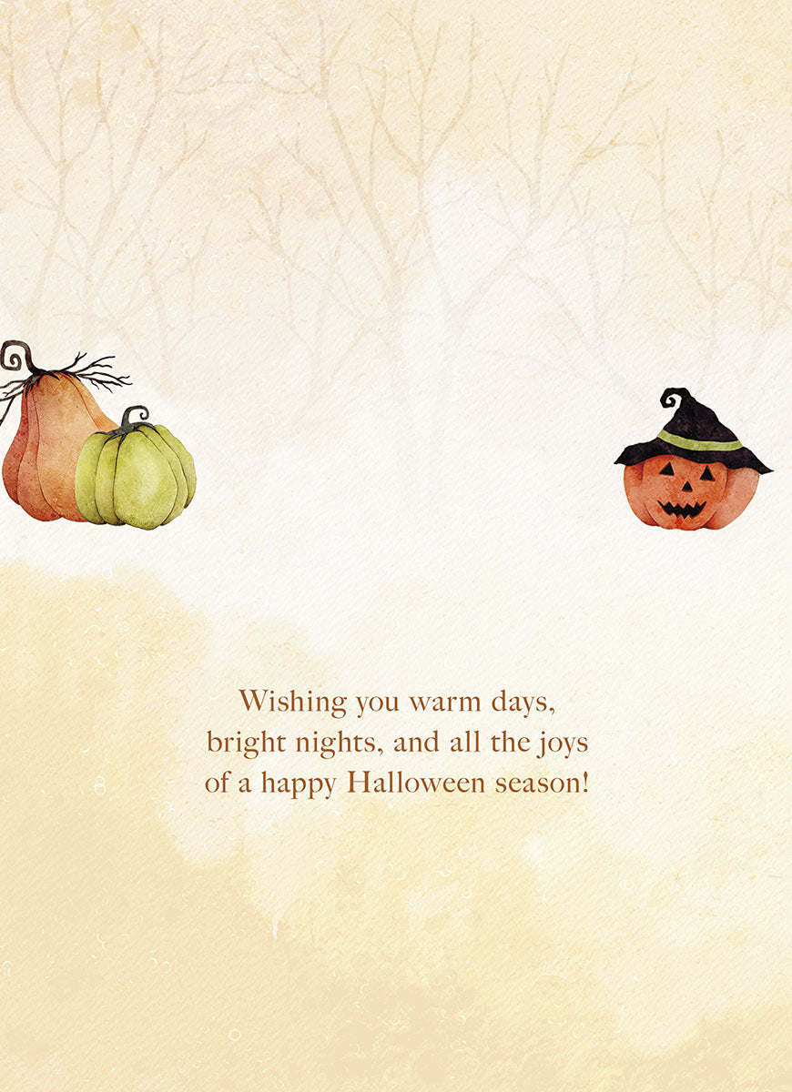 Inside view of a cozy autumn greeting card, featuring delicate watercolor pumpkins and the heartfelt message: 'Wishing you warm days, bright nights, and all the joys of a happy Halloween season!'