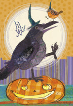 Whimsical Halloween greeting card front featuring a charming crow in a tiny witch hat perched on a smiling jack-o'-lantern, with a small bird and 'hi you!' text. Perfect for children.