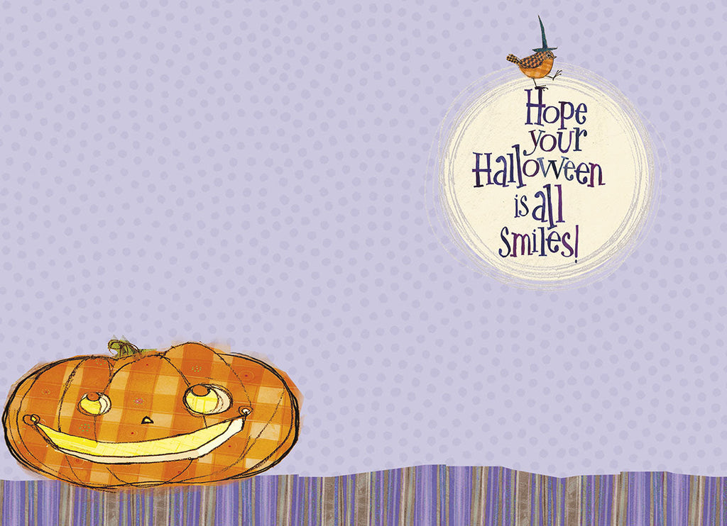 Inside of a cute Halloween greeting card for kids, showing a smiling pumpkin and the cheerful message: 'Hope your Halloween is all Smiles!' on a polka dot background.