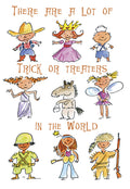 Cute Halloween greeting card front featuring diverse cartoon kids in various trick-or-treater costumes like cowboy, princess, sailor, fairy, and soldier, with the text 'THERE ARE A LOT OF TRICK OR TREATERS IN THE WORLD'. Perfect for a child's Halloween.