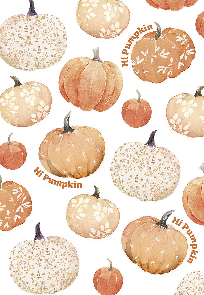 Watercolor pattern greeting card featuring various orange and cream pumpkins with delicate floral designs and 'Hi Pumpkin' text, perfect for fall and autumn wishes.