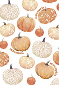 Watercolor pattern greeting card featuring various orange and cream pumpkins with delicate floral designs and 'Hi Pumpkin' text, perfect for fall and autumn wishes.