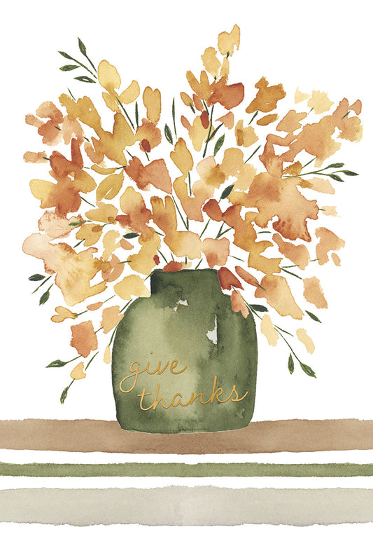 Green Vase w/ Long Stem Brown Leaves Thanksgiving Card