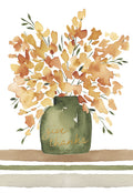 Front view of an elegant watercolor greeting card featuring a sage green vase with 'give thanks' in gold script, filled with vibrant orange and yellow autumn flowers and green foliage, on a white background with a horizontal striped base. Perfect for expressing gratitude.
