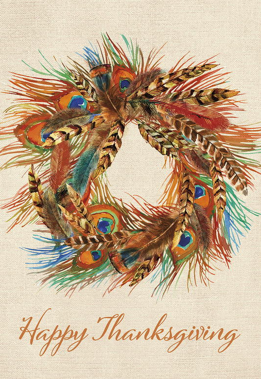 Wreath w/ Peacock & Pheasant Feathers Thanksgiving Card