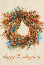 Front of a fall greeting card featuring a vibrant watercolor wreath made of peacock and autumn feathers on a textured beige background with 'Happy Thanksgiving' in orange script.