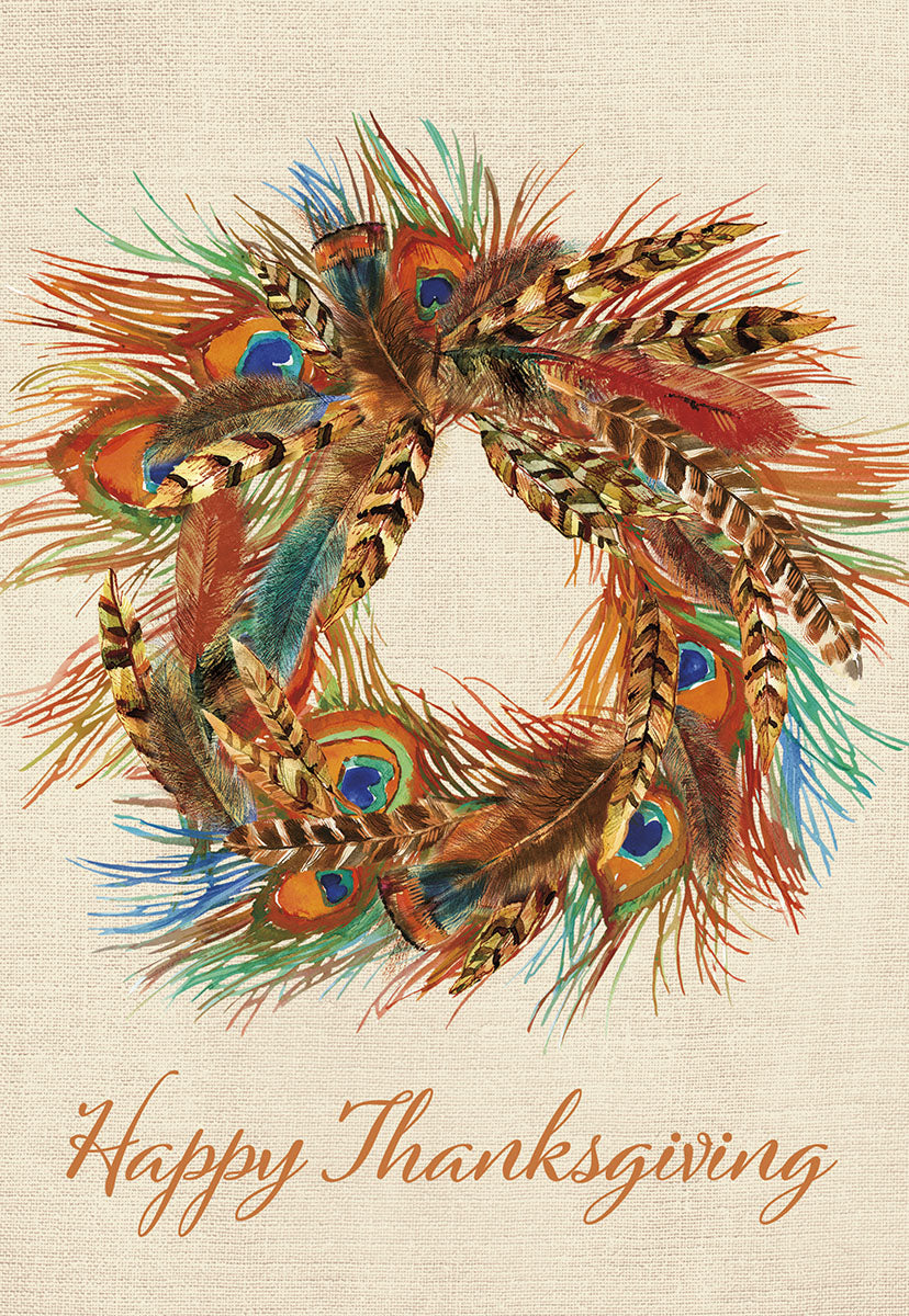 Front of a fall greeting card featuring a vibrant watercolor wreath made of peacock and autumn feathers on a textured beige background with 'Happy Thanksgiving' in orange script.