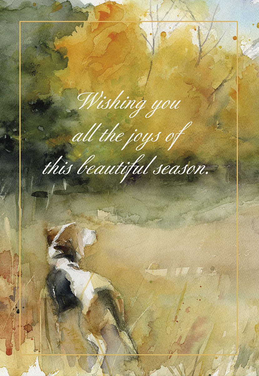 Watercolor greeting card featuring a beagle dog watching golden autumn foliage, with a warm seasonal message.