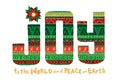 Festive greeting card front with 'JOY to the WORLD and PEACE on Earth' in bold, colorful folk art patterns of red, green, and gold against a white background.