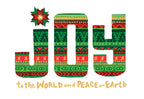 Festive greeting card front with 'JOY to the WORLD and PEACE on Earth' in bold, colorful folk art patterns of red, green, and gold against a white background.