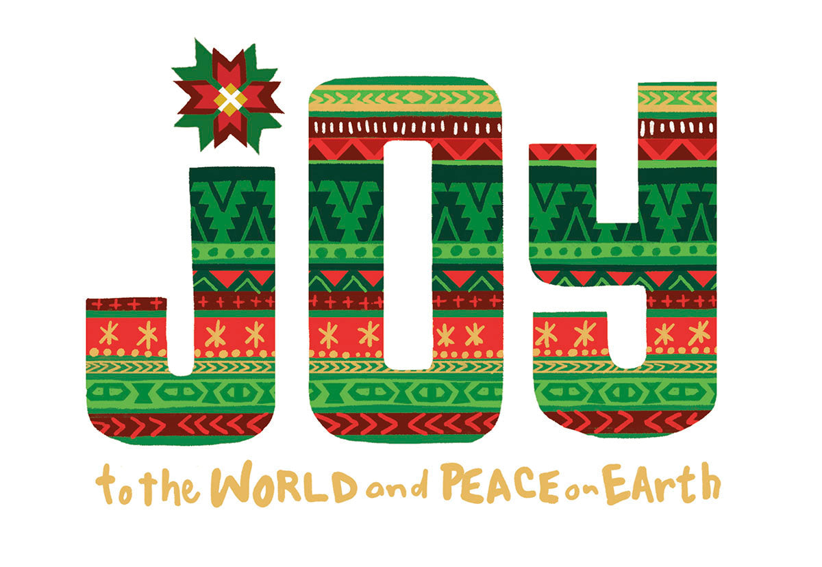 Festive greeting card front with 'JOY to the WORLD and PEACE on Earth' in bold, colorful folk art patterns of red, green, and gold against a white background.