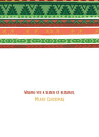 Inside of a holiday greeting card featuring 'WISHING YOU A SEASON OF BLESSINGS. MERRY CHRISTMAS' in a warm orange font, with decorative red and green patterned borders at the top.