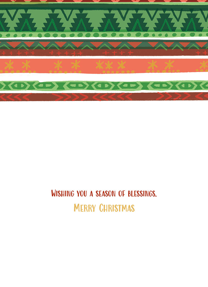 Inside of a holiday greeting card featuring 'WISHING YOU A SEASON OF BLESSINGS. MERRY CHRISTMAS' in a warm orange font, with decorative red and green patterned borders at the top.