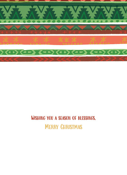 Inside of Christmas card with 'WISHING YOU A SEASON OF BLESSINGS. MERRY CHRISTMAS.' and patterned borders.