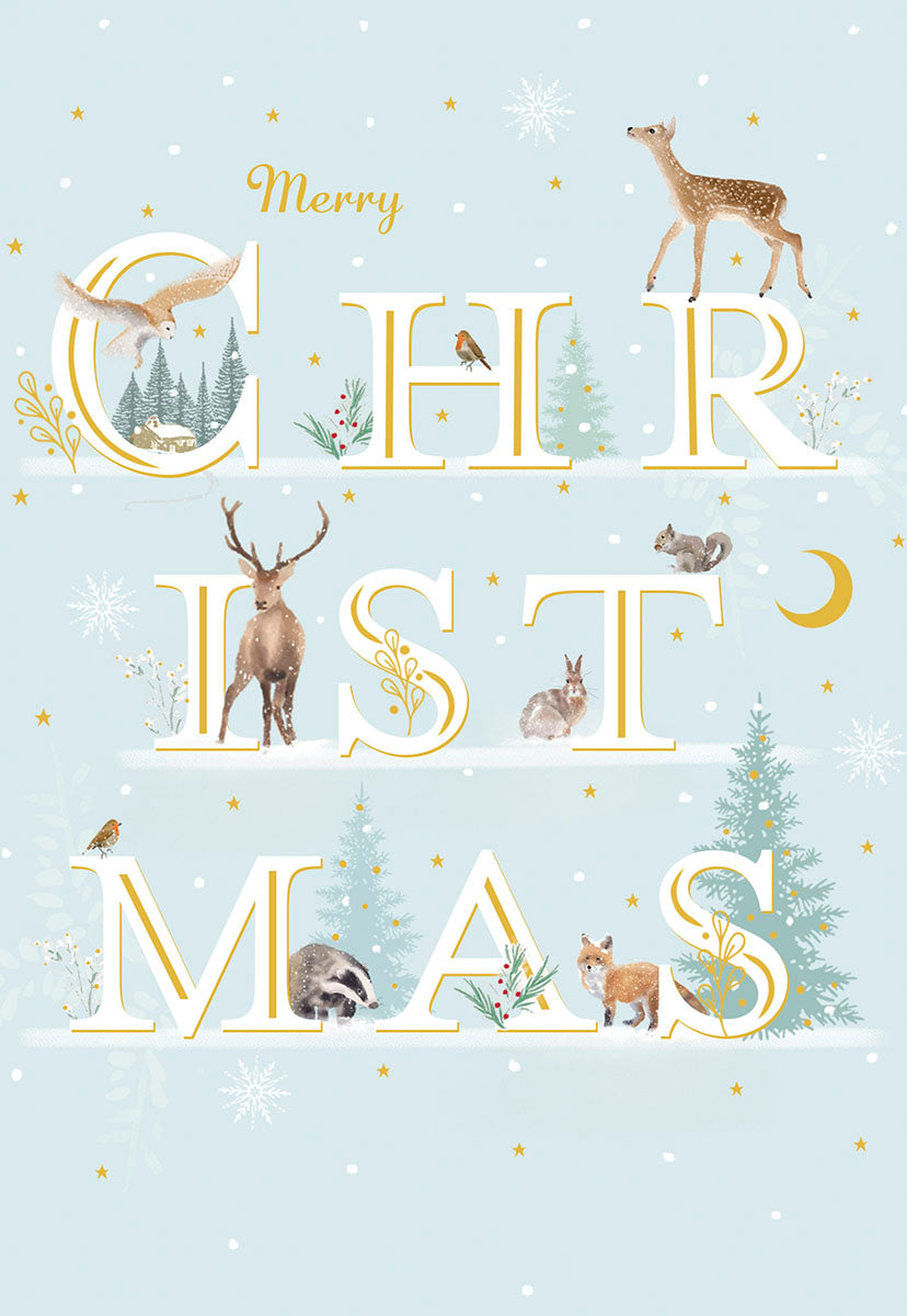 Front of a "Merry Christmas" card with various winter wildlife animals like deer, owl, fox, and squirrel on a snowy, starry background.