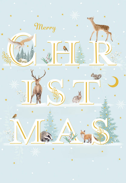 Front of a "Merry Christmas" card with various winter wildlife animals like deer, owl, fox, and squirrel on a snowy, starry background.