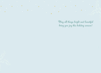 Inside of a light blue Christmas greeting card with stars and a message "May all things bright and beautiful bring you joy this holiday season!".