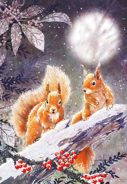 Charming Christmas card featuring two happy squirrels on a snow-covered branch under a bright moon with red berries.