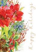 Beautiful watercolor greeting card featuring vibrant red amaryllis flowers, festive berries, lush green foliage, and natural pinecones with 'Happy Holidays' script, ideal for seasonal greetings.