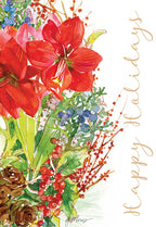 Beautiful watercolor greeting card featuring vibrant red amaryllis flowers, festive berries, lush green foliage, and natural pinecones with 'Happy Holidays' script, ideal for seasonal greetings.