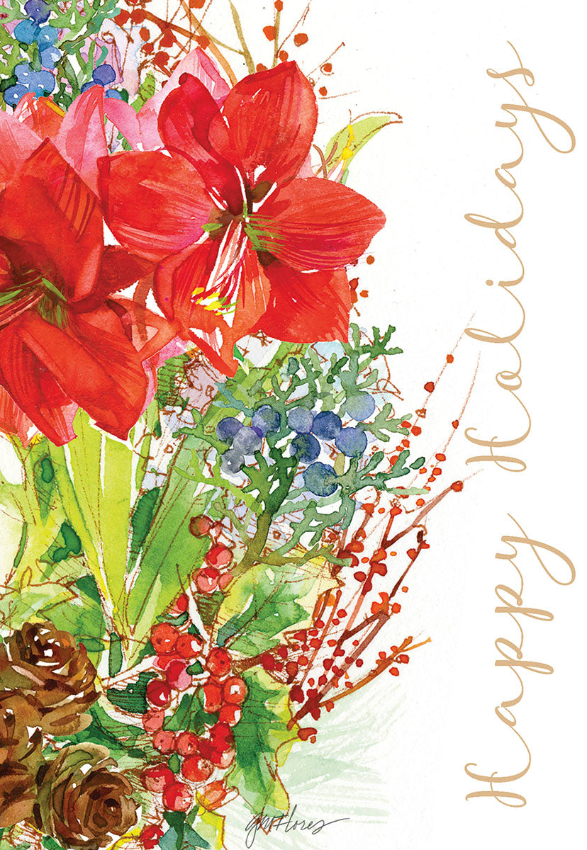 Beautiful watercolor greeting card featuring vibrant red amaryllis flowers, festive berries, lush green foliage, and natural pinecones with 'Happy Holidays' script, ideal for seasonal greetings.