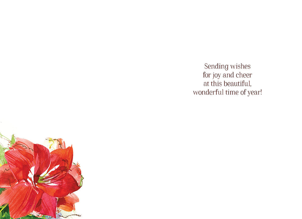 Inside view of a heartfelt holiday greeting card, showing elegant text 'Sending wishes for joy and cheer at this beautiful, wonderful time of year!' with a delicate red amaryllis watercolor accent.