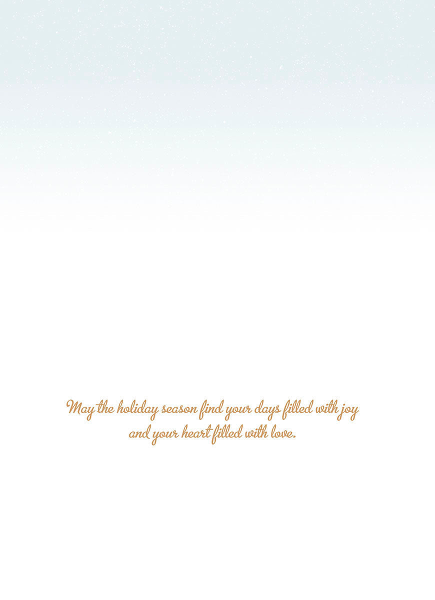 Inside of a Christmas greeting card, featuring a light snowy background and the heartfelt message for joy and love.