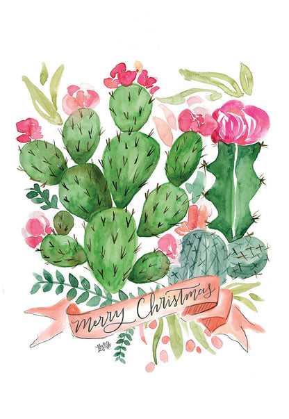 Vibrant watercolor cactus Christmas card with pink blooming flowers and a 'Merry Christmas' banner. Unique holiday botanical design.