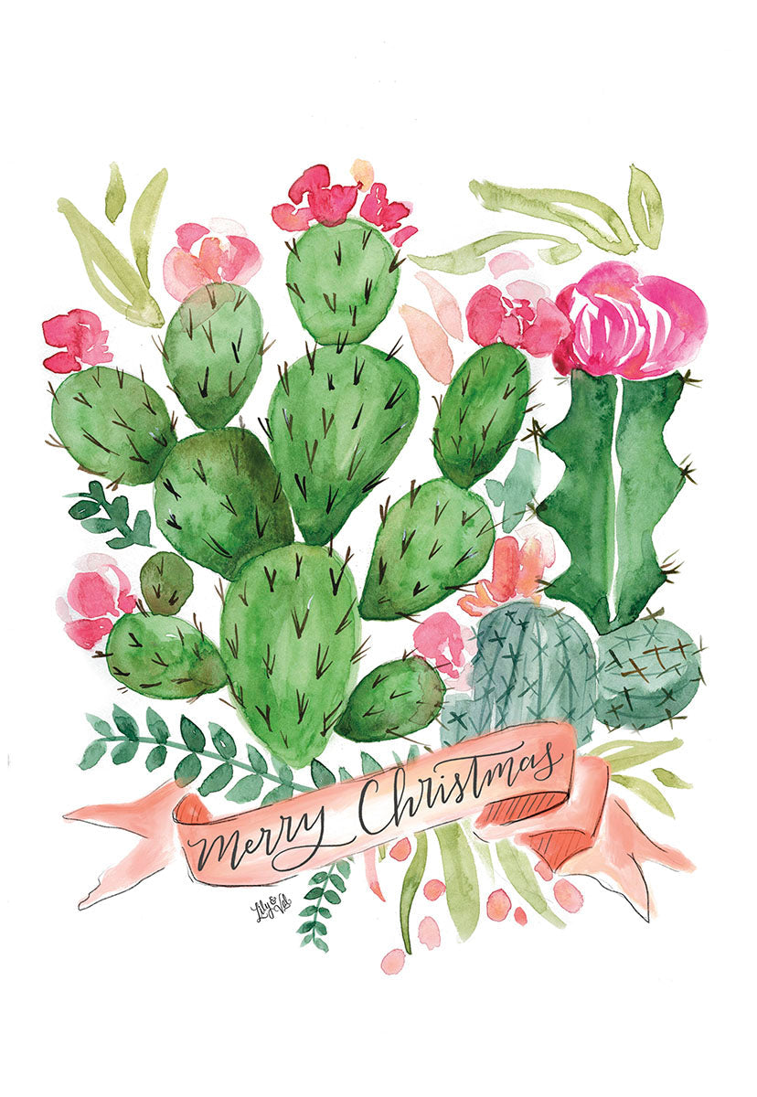 Front of a unique Christmas greeting card featuring a watercolor illustration of vibrant green prickly pear cacti with pink flowers and a banner reading "Merry Christmas" surrounded by green foliage on a white background.