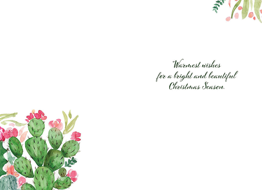 Inside view of a Lighthearted holiday card, displaying the warm message 'Warmest wishes for a bright and beautiful Christmas Season.' accompanied by a watercolor cactus and floral design in the corner.