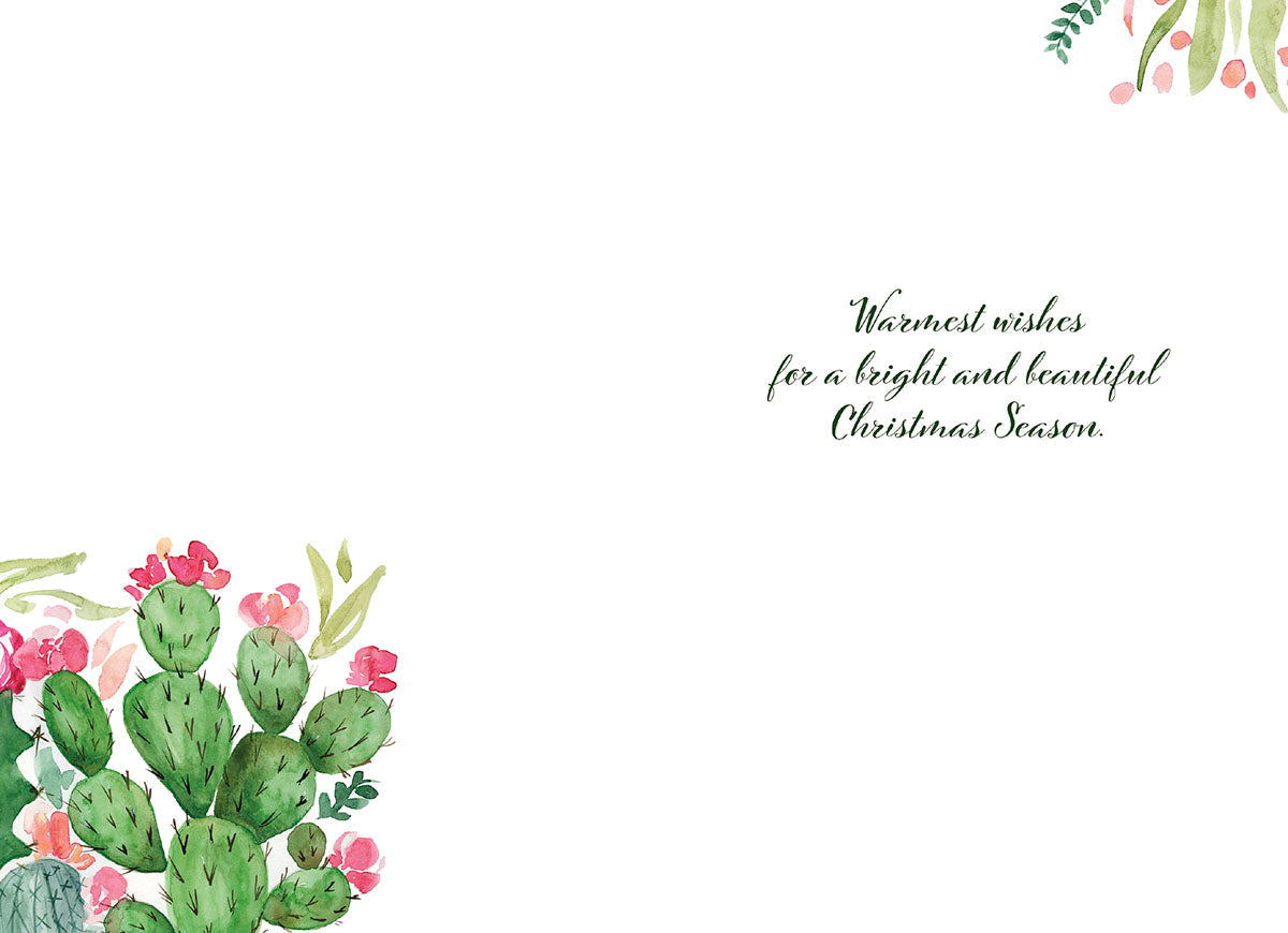 Inside view of a Lighthearted holiday card, displaying the warm message 'Warmest wishes for a bright and beautiful Christmas Season.' accompanied by a watercolor cactus and floral design in the corner.