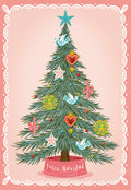 Festive greeting card front featuring a vibrant pine tree adorned with unique Mexican folk art-inspired ornaments like suns, cacti, doves, and sacred hearts, on a pink background with a decorative scalloped border. Text 'Feliz Navidad' at the base.