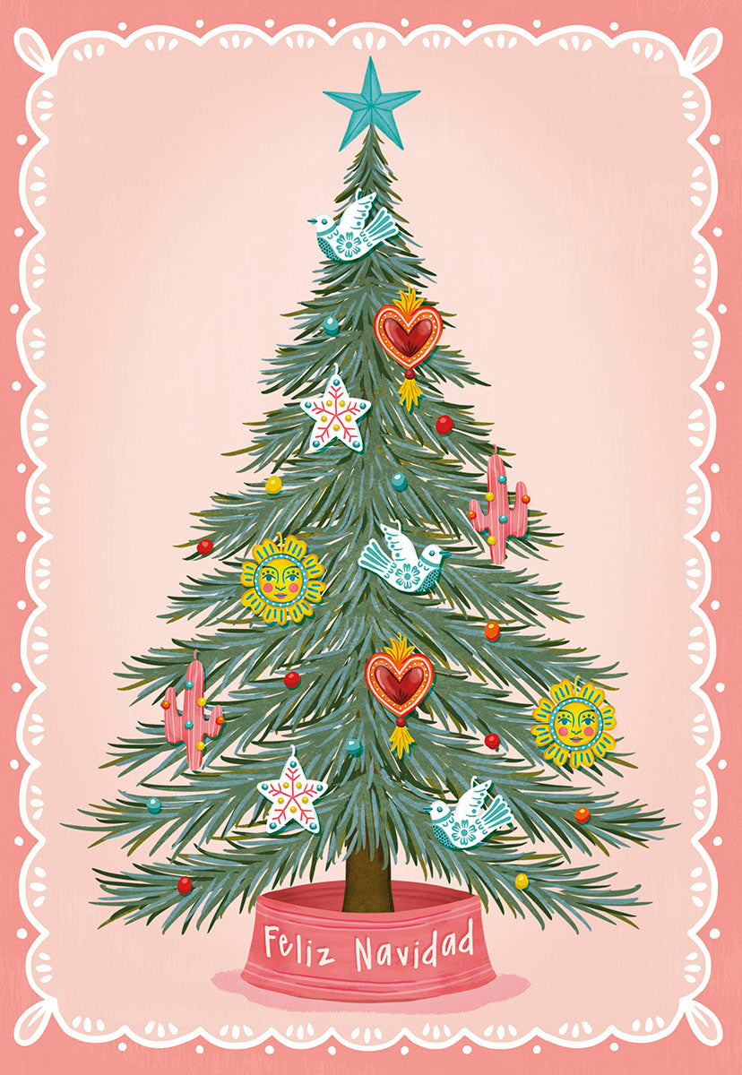 Front of a Feliz Navidad Christmas card with a decorated tree, hearts, doves, suns, cacti ornaments, and a scalloped border.